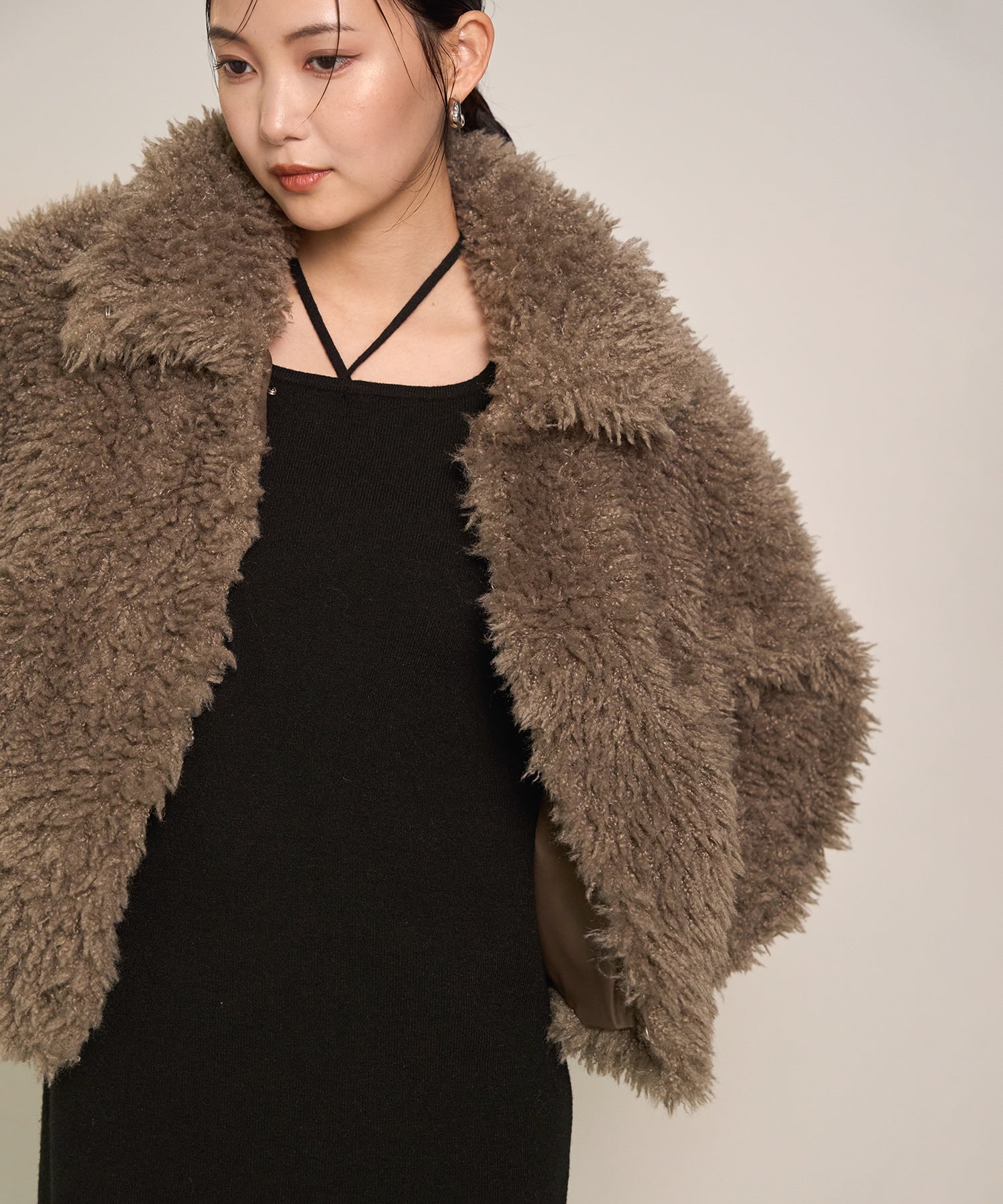 SET]Poodle Fur Short Jacket+Soft Touch Choker Knit Onepiece