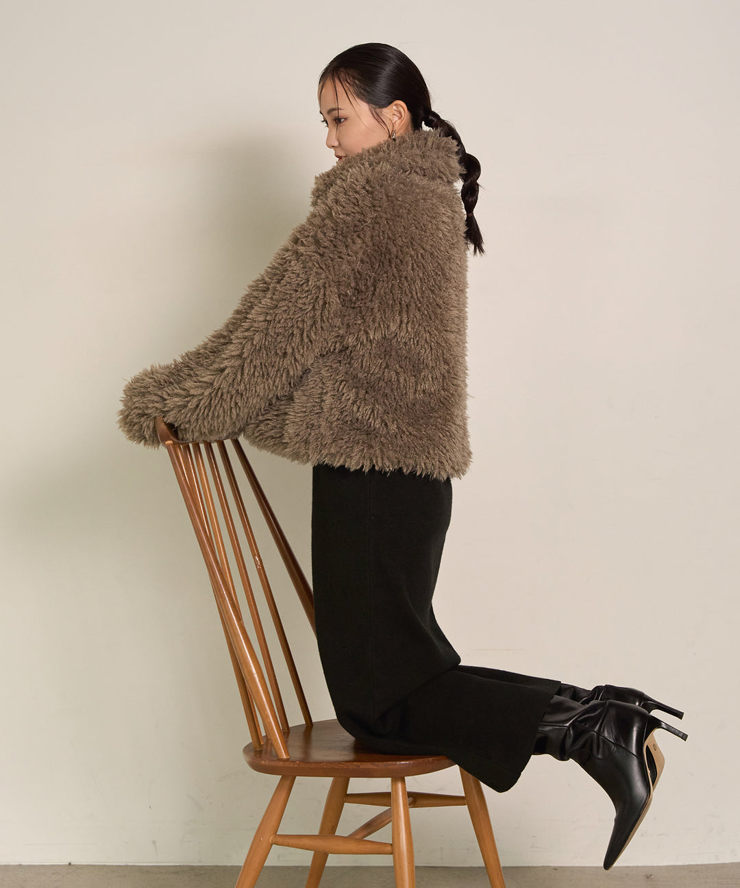 [SET]Poodle Fur Short Jacket+Soft Touch Choker Knit Onepiece