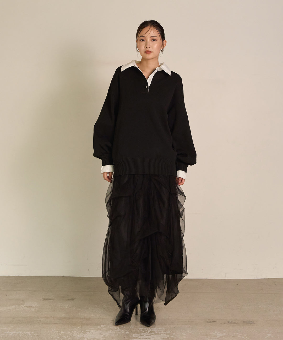 [SET]Texture Combi Polo Knit+Melody Tuck Tulle Skirt