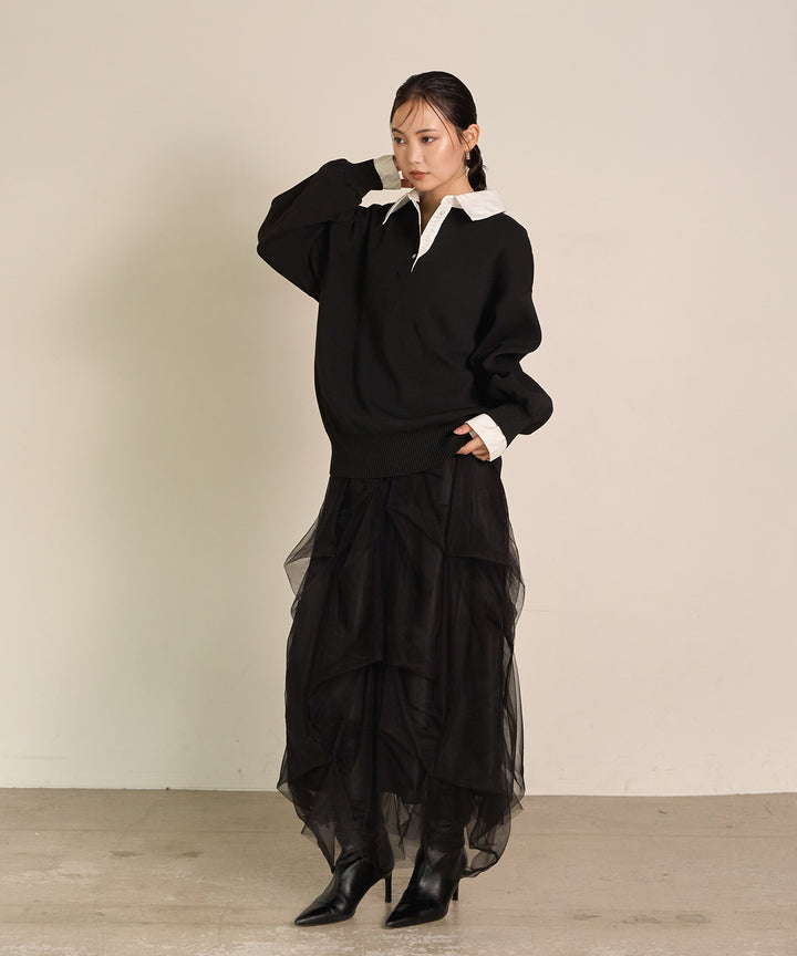 (eliuu)Texture Combi Polo Knit