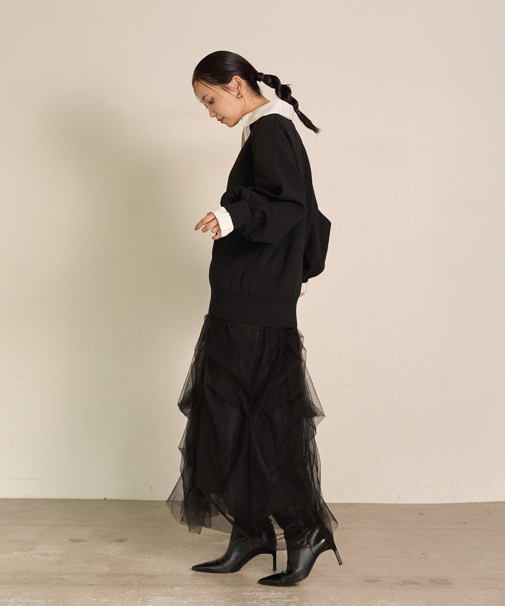 [SET]Texture Combi Polo Knit+Melody Tuck Tulle Skirt