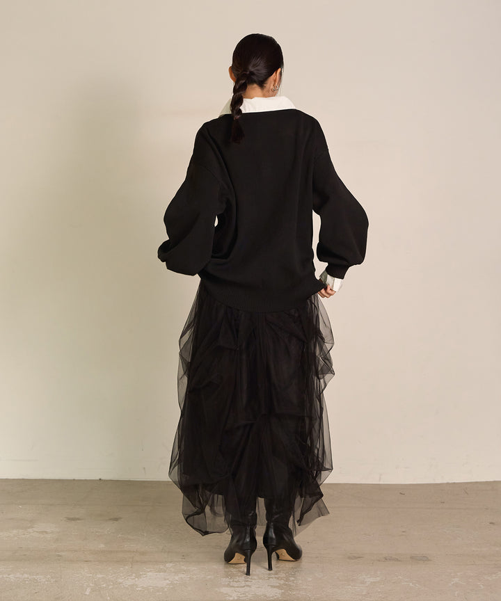 [SET]Texture Combi Polo Knit+Melody Tuck Tulle Skirt