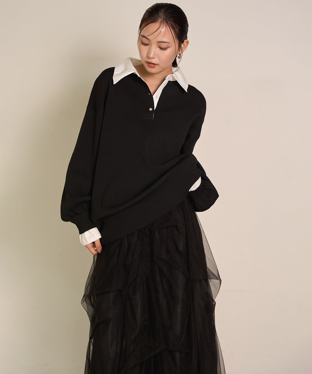 (eliuu)Texture Combi Polo Knit