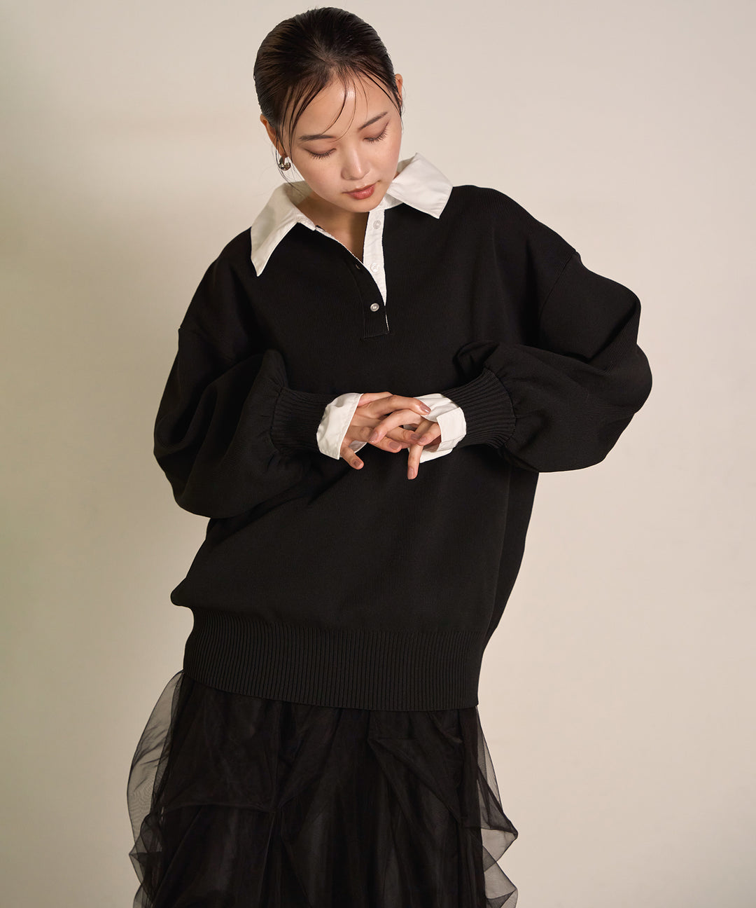 [SET]Texture Combi Polo Knit+Wrap Belt Wide Slacks