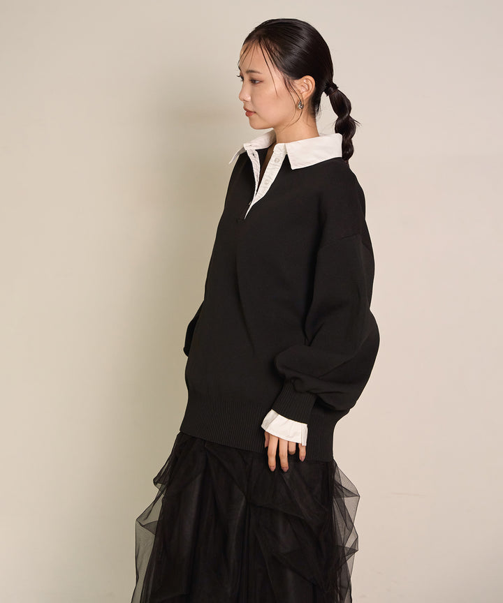 [SET]Texture Combi Polo Knit+Wrap Belt Wide Slacks