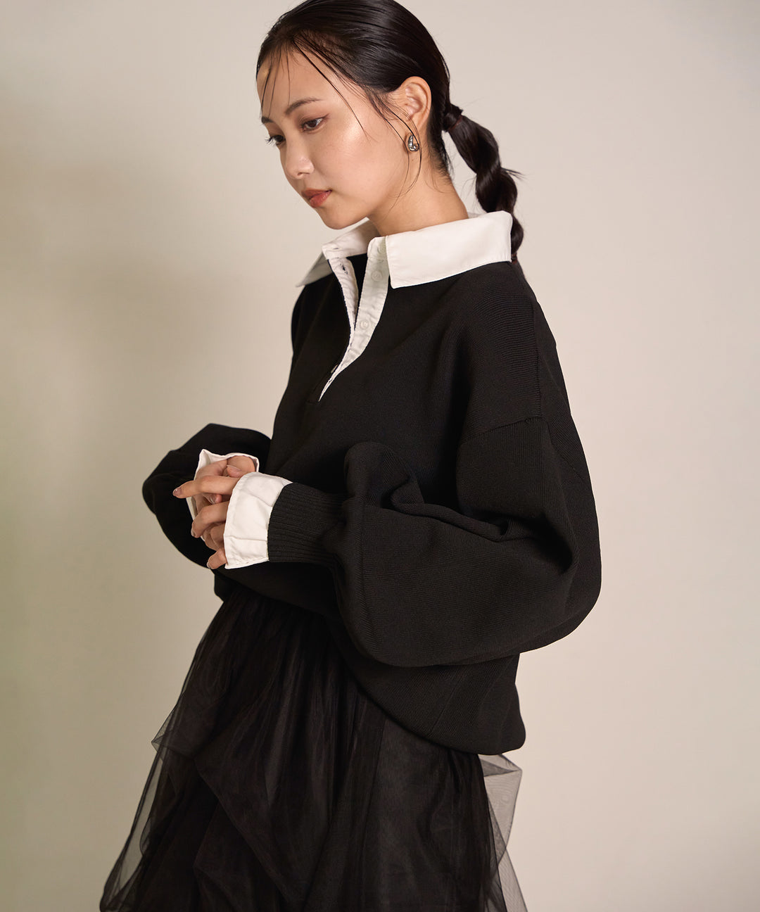 (eliuu)Texture Combi Polo Knit