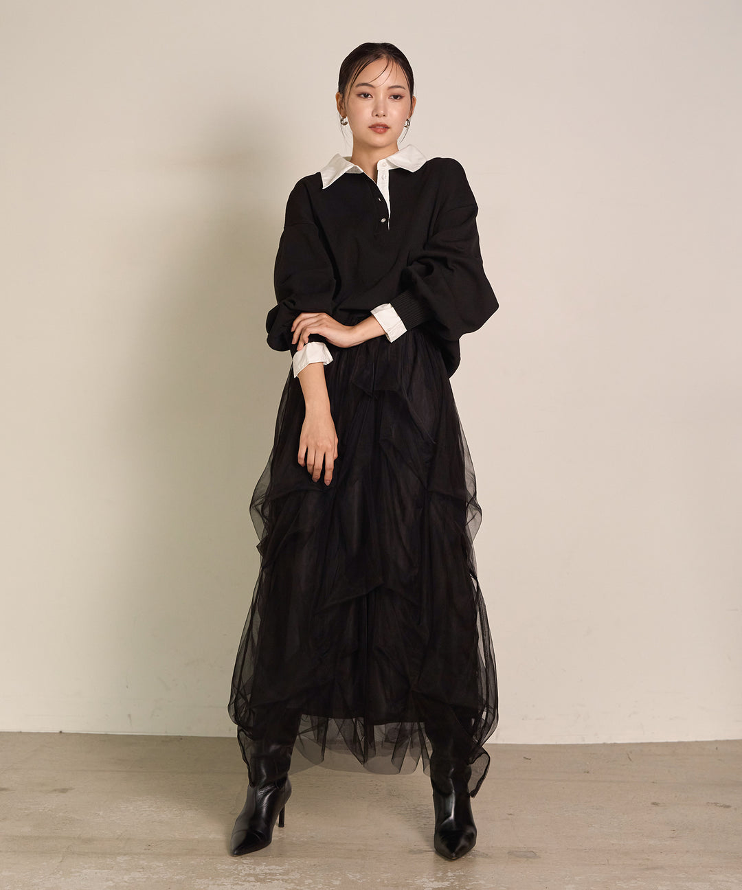 [SET]Texture Combi Polo Knit+Melody Tuck Tulle Skirt
