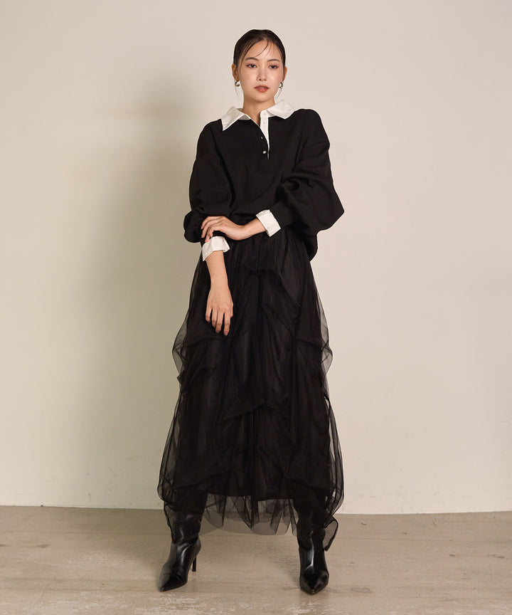 [SET]Texture Combi Polo Knit+Melody Tuck Tulle Skirt