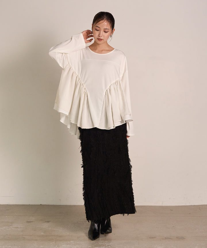 [SET]Frill Layer Mix Top+Pattern Fringe Knit Skirt
