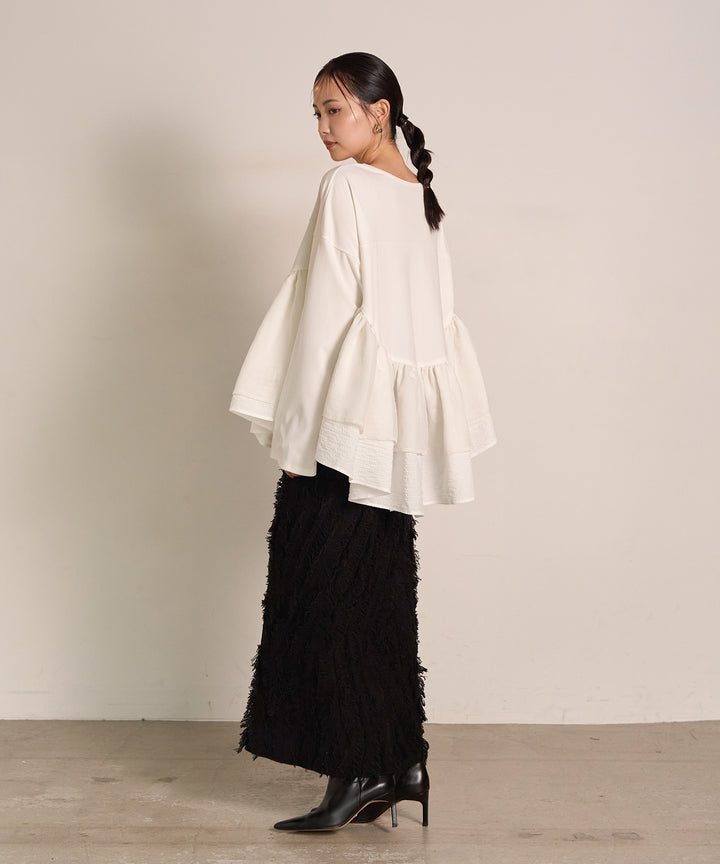 [SET]Frill Layer Mix Top+Pattern Fringe Knit Skirt