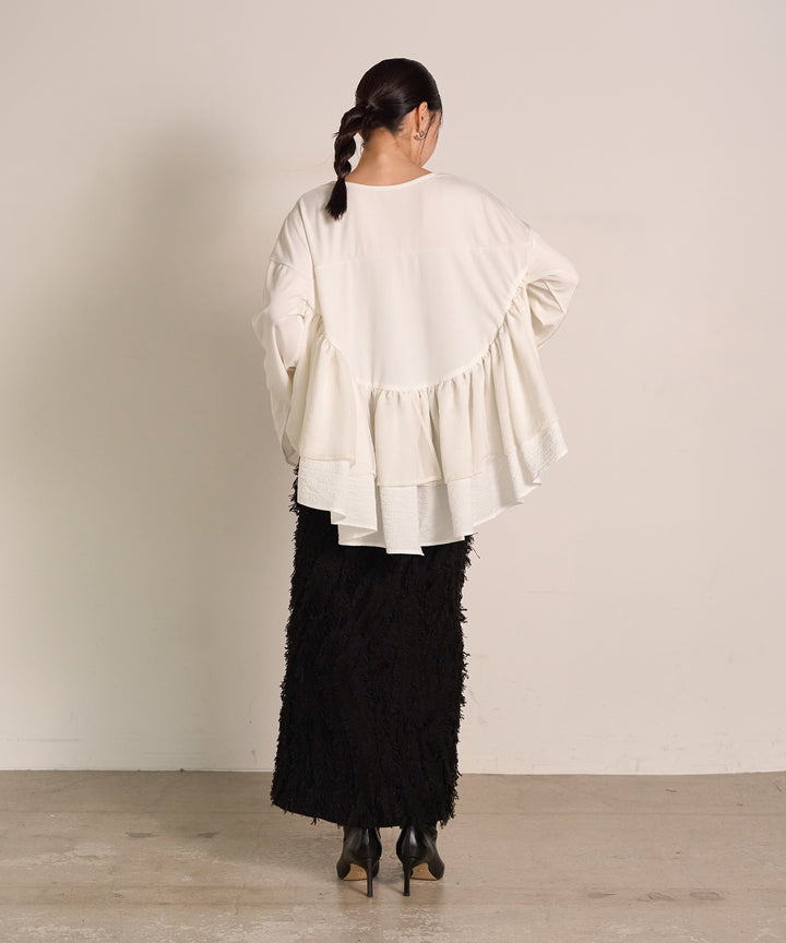 [SET]Frill Layer Mix Top+Pattern Fringe Knit Skirt