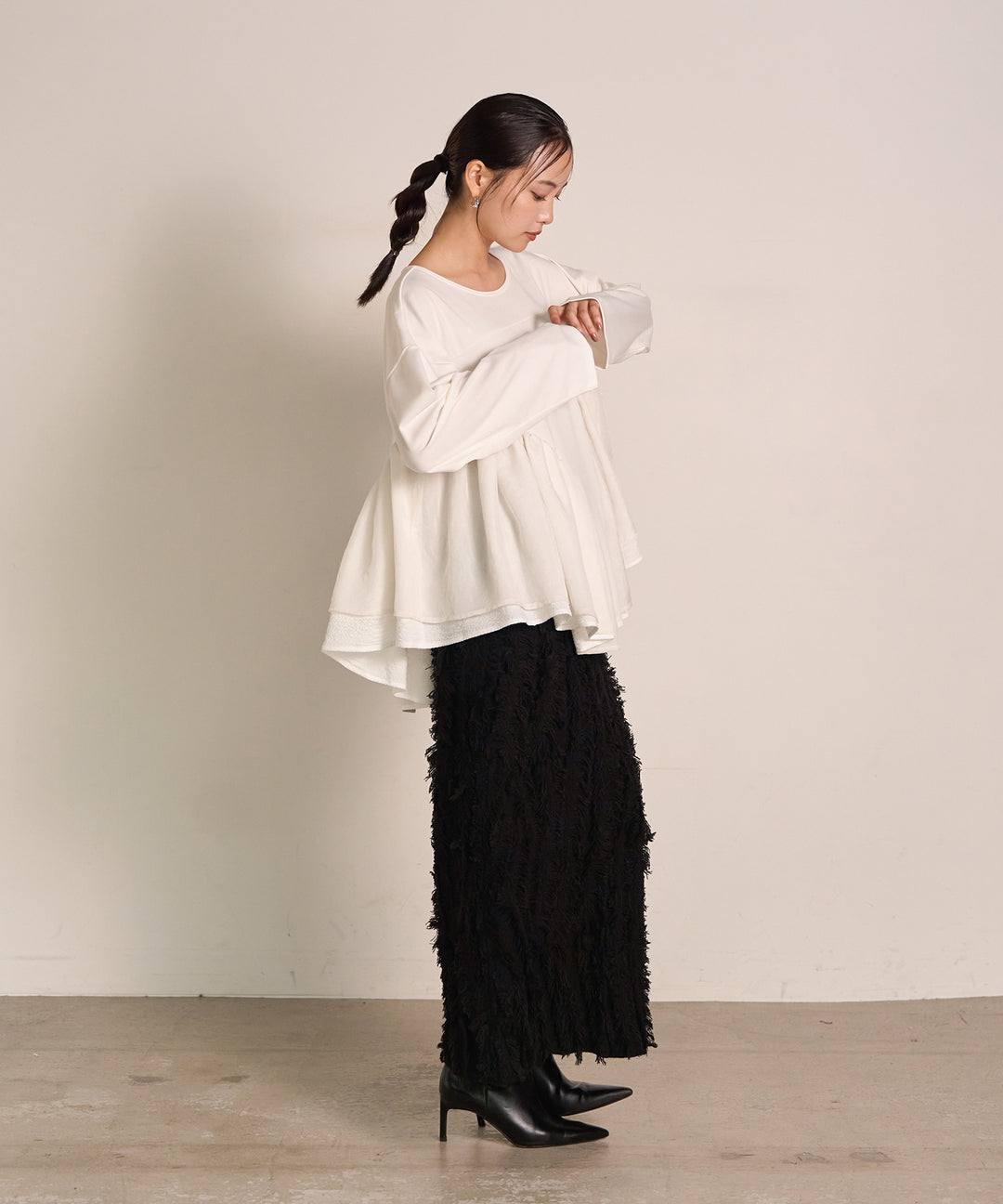 [SET]Frill Layer Mix Top+Pattern Fringe Knit Skirt