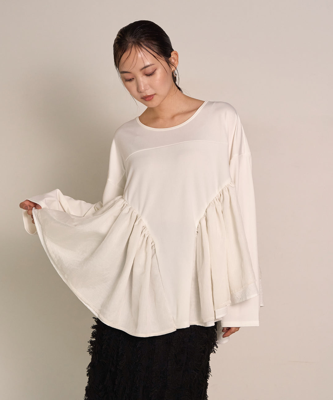 [SET]Frill Layer Mix Top+Pattern Fringe Knit Skirt