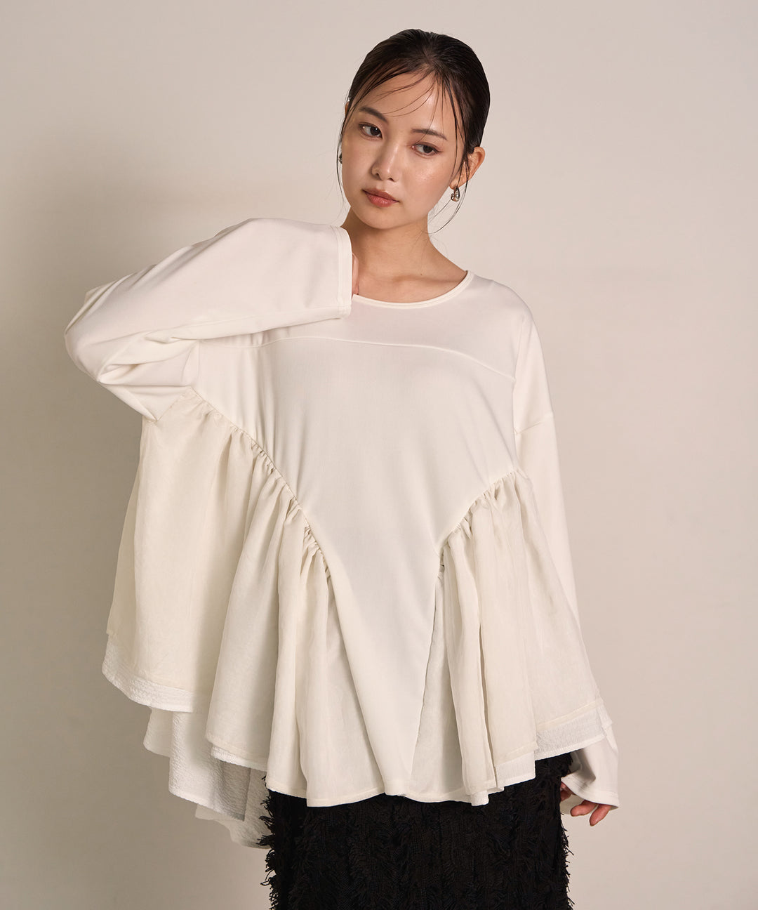[SET]Frill Layer Mix Top+Pattern Fringe Knit Skirt