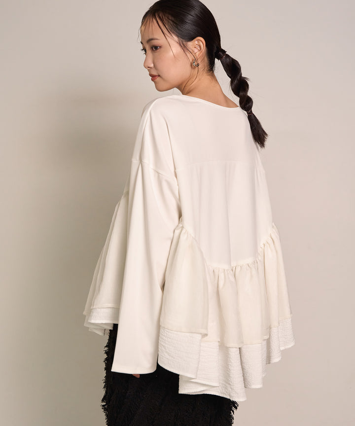 [SET]Frill Layer Mix Top+Pattern Fringe Knit Skirt
