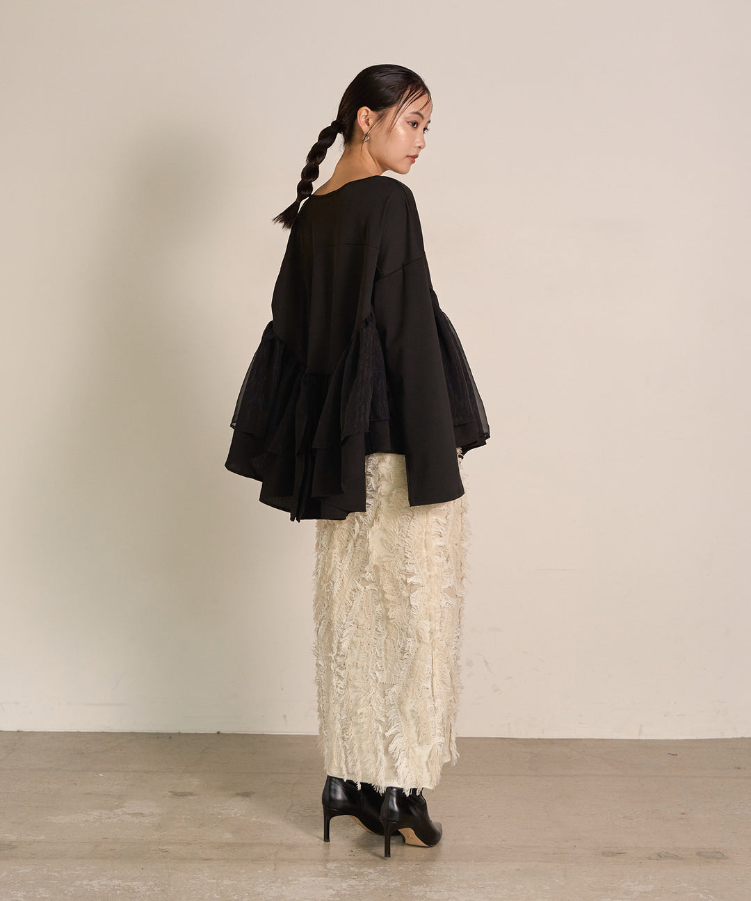 [SET]Frill Layer Mix Top+Pattern Fringe Knit Skirt
