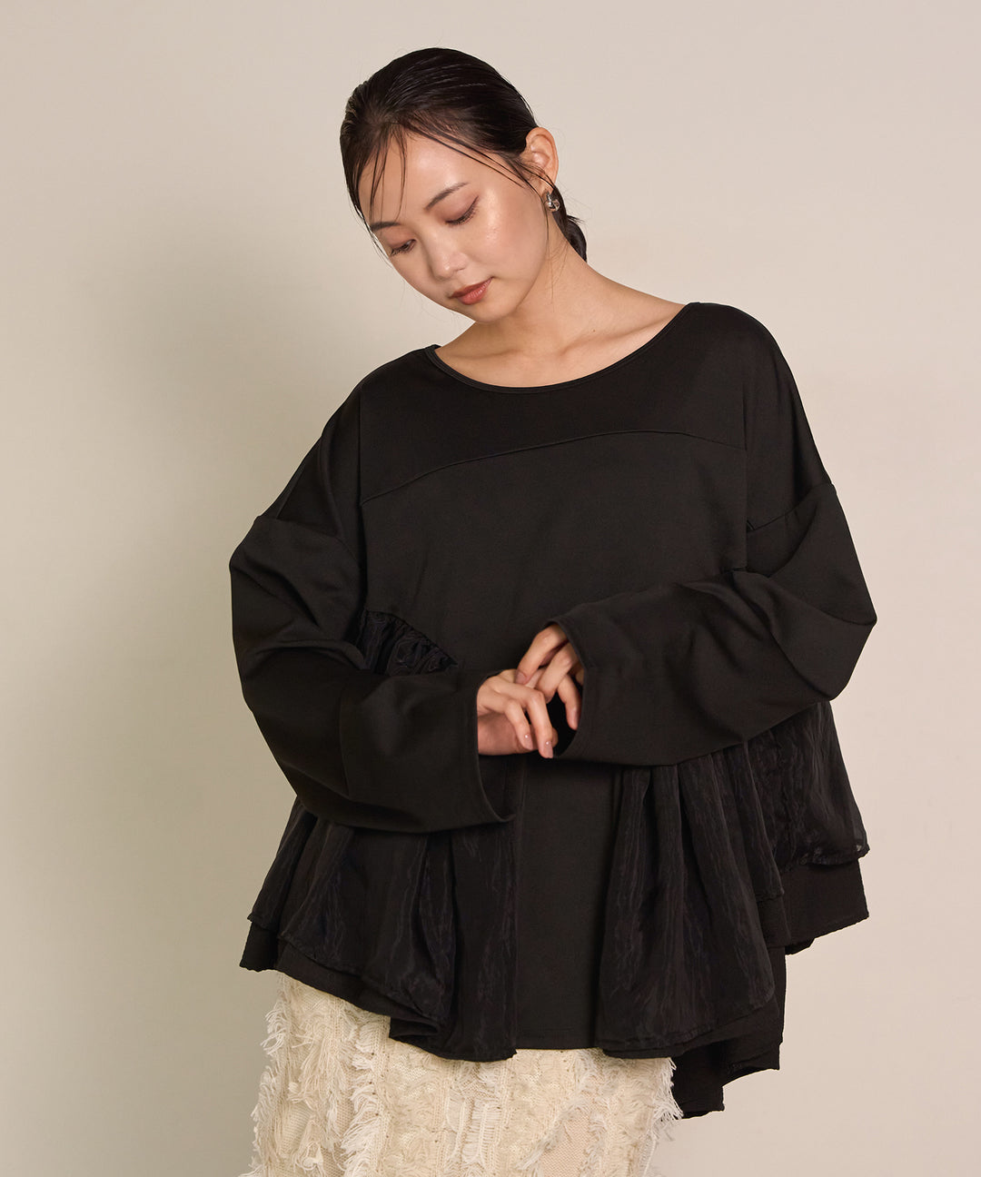 [SET]Frill Layer Mix Top+Pattern Fringe Knit Skirt