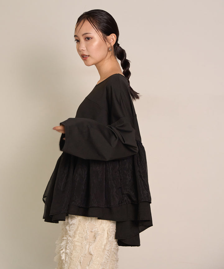 [SET]Frill Layer Mix Top+Pattern Fringe Knit Skirt