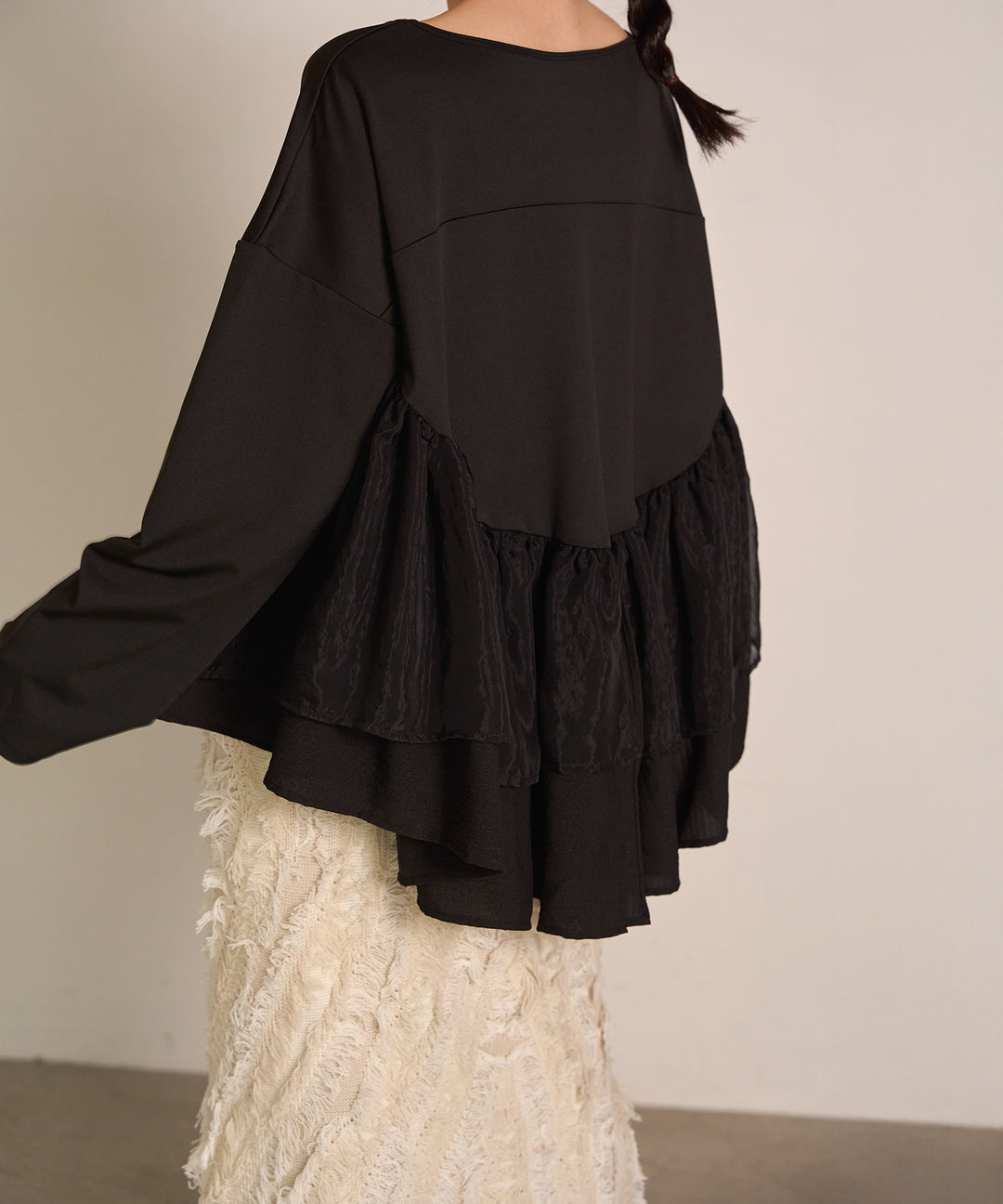 [SET]Frill Layer Mix Top+Pattern Fringe Knit Skirt