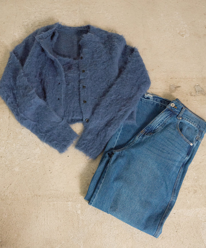 [SET]Brush Knit Cardigan+Brush Knit Bustier+Hem Wash Denim