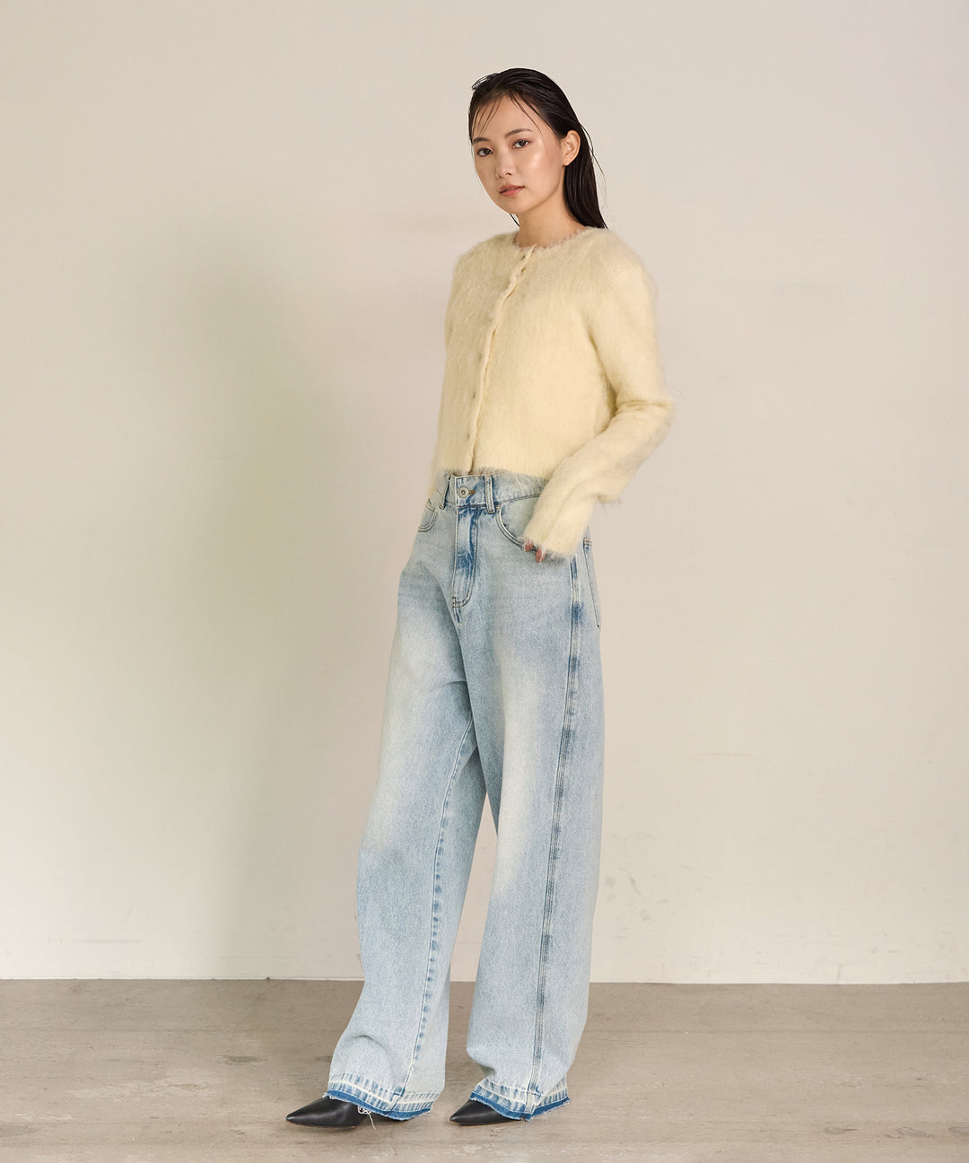 [SET]Brush Knit Cardigan+Brush Knit Bustier+Hem Wash Denim