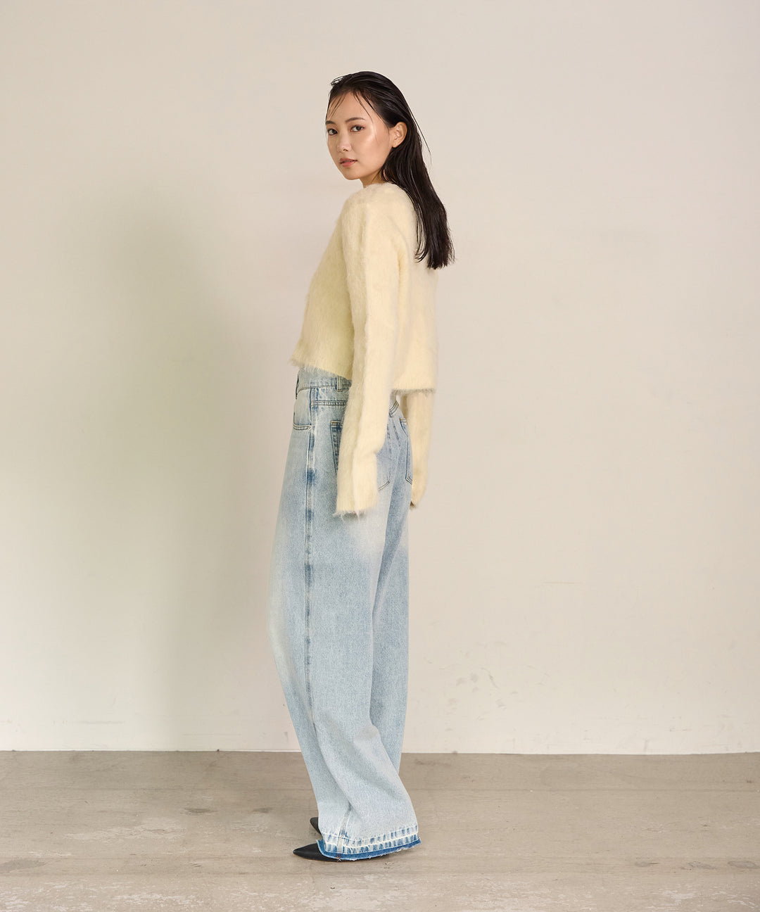 [SET]Brush Knit Cardigan+Brush Knit Bustier+Hem Wash Denim
