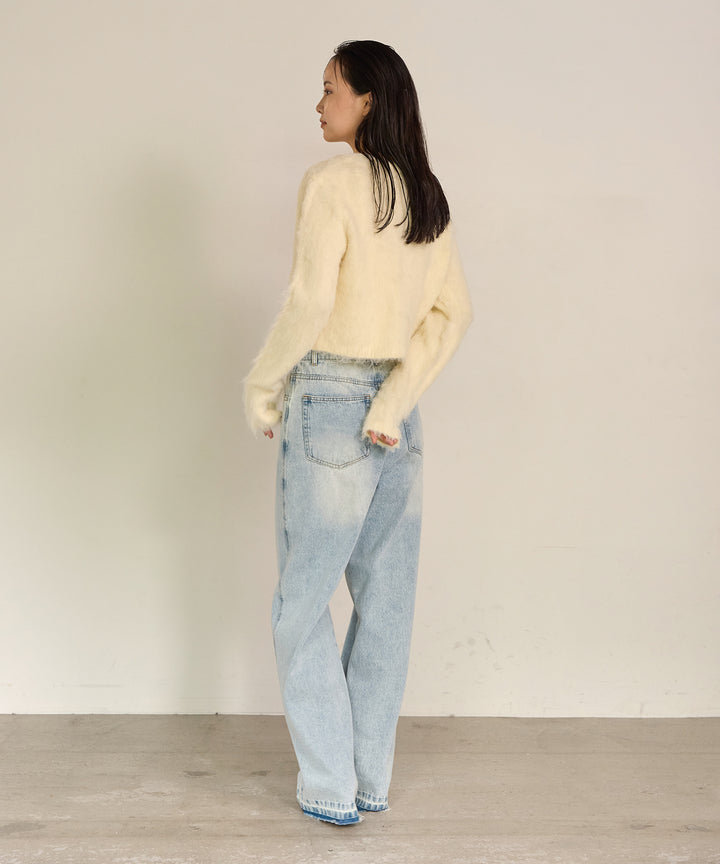 [SET]Brush Knit Cardigan+Brush Knit Bustier+Hem Wash Denim
