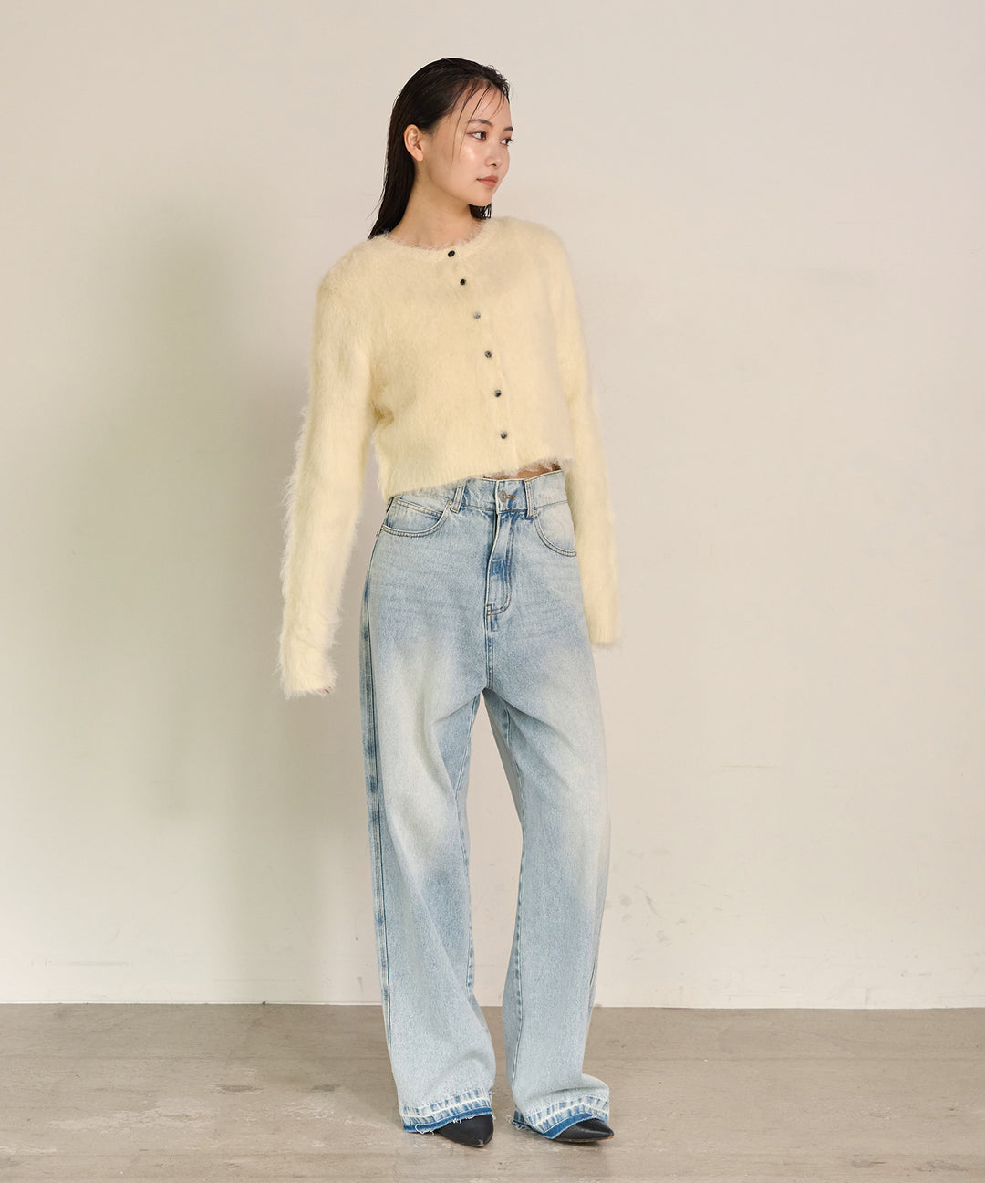 [SET]Brush Knit Cardigan+Brush Knit Bustier+Hem Wash Denim