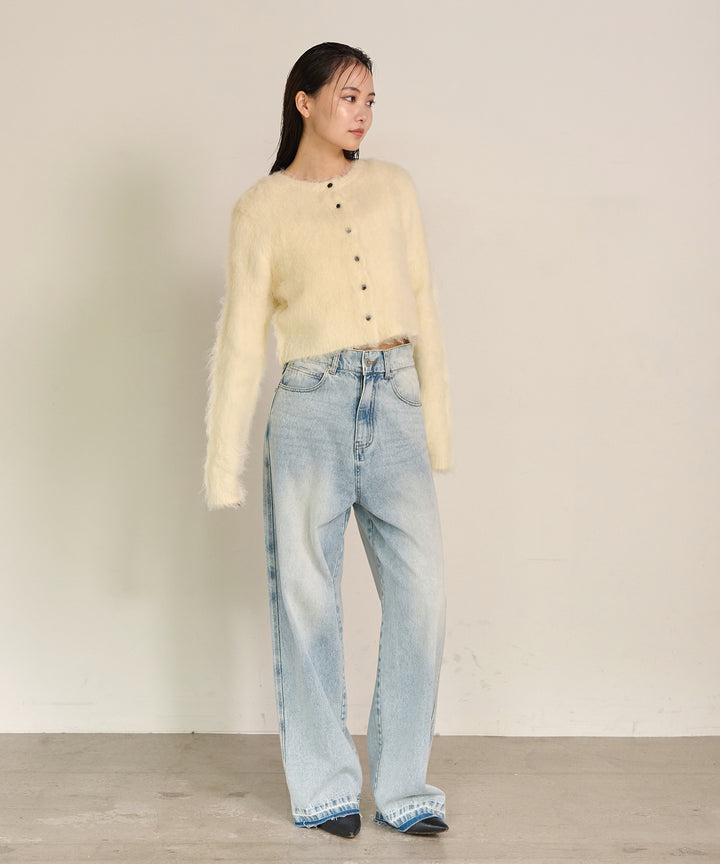 [SET]Brush Knit Cardigan+Brush Knit Bustier+Hem Wash Denim