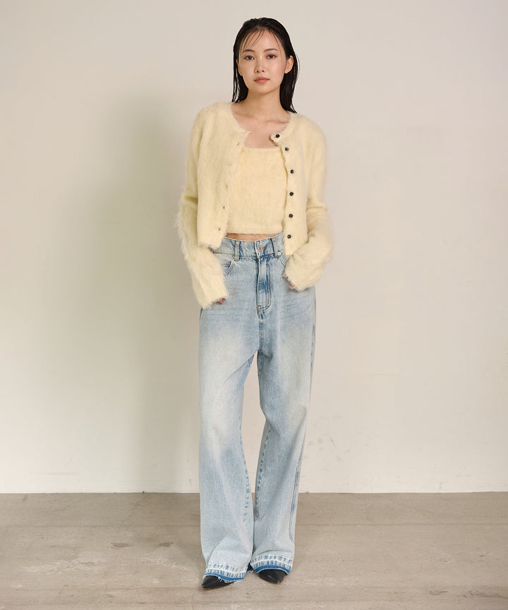 [SET]Brush Knit Cardigan+Brush Knit Bustier+Hem Wash Denim