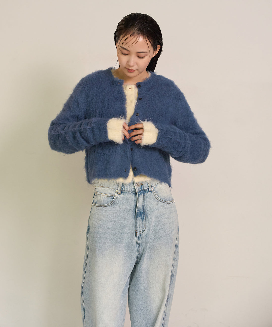 [SET]Brush Knit Cardigan+Brush Knit Bustier+Hem Wash Denim