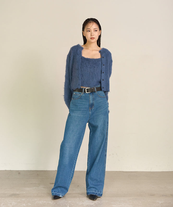 [SET]Brush Knit Cardigan+Brush Knit Bustier+Hem Wash Denim