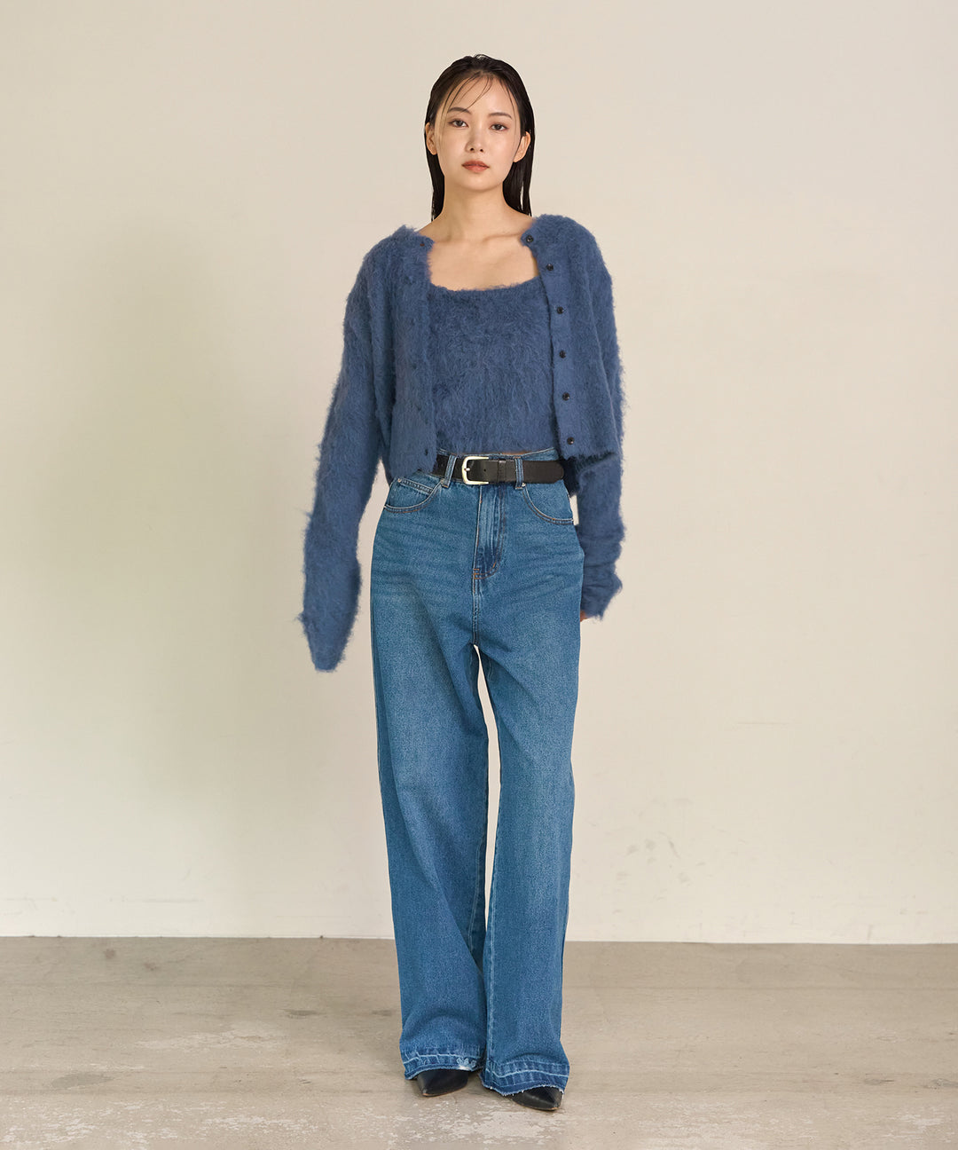 [SET]Brush Knit Cardigan+Brush Knit Bustier+Hem Wash Denim