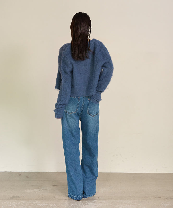 [SET]Brush Knit Cardigan+Brush Knit Bustier+Hem Wash Denim