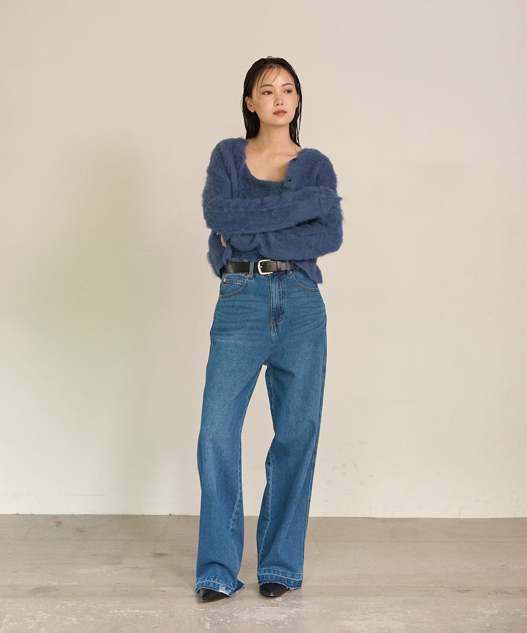 [SET]Brush Knit Cardigan+Brush Knit Bustier+Hem Wash Denim