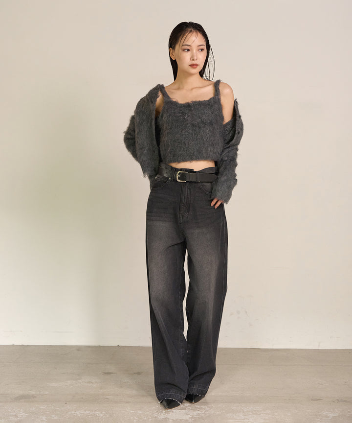 [SET]Brush Knit Cardigan+Brush Knit Bustier+Hem Wash Denim