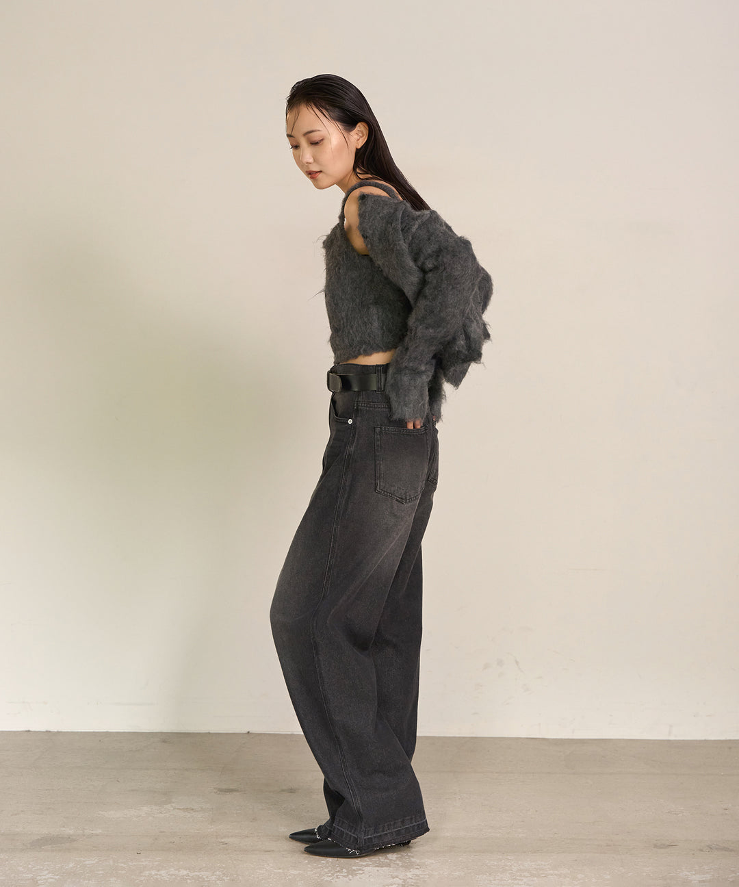[SET]Brush Knit Cardigan+Brush Knit Bustier+Hem Wash Denim