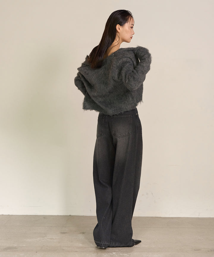 [SET]Brush Knit Cardigan+Brush Knit Bustier+Hem Wash Denim
