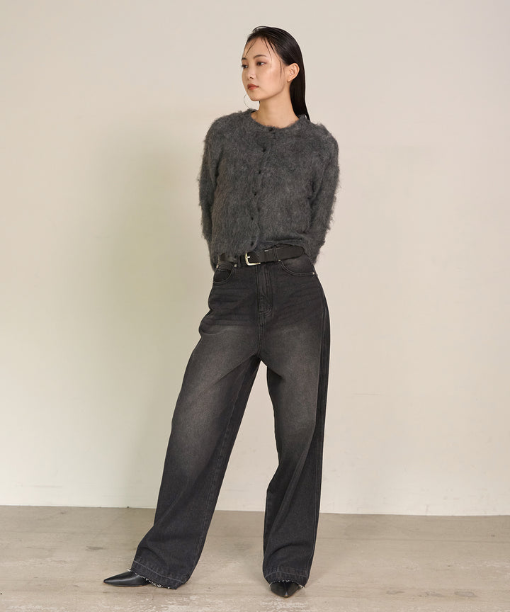 [SET]Brush Knit Cardigan+Brush Knit Bustier+Hem Wash Denim