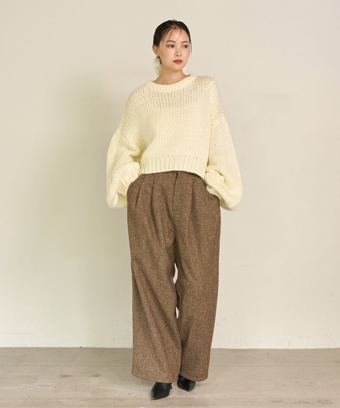 [SET]Plump Volome Knit Top+Tuck Tweed Slacks