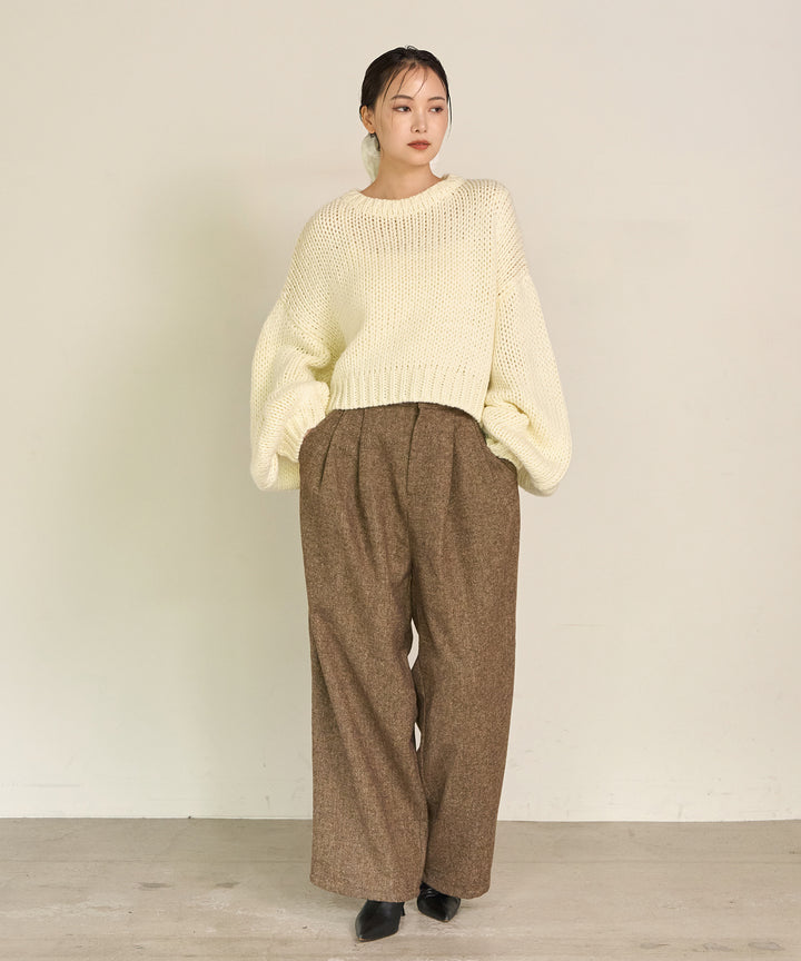 [SET]Plump Volome Knit Top+Tuck Tweed Slacks