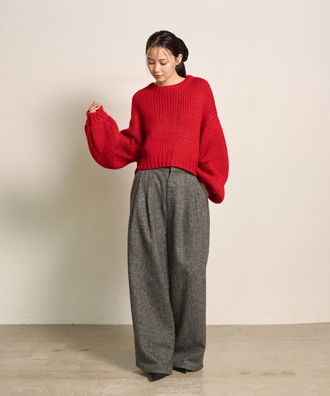 [SET]Plump Volome Knit Top+Tuck Tweed Slacks
