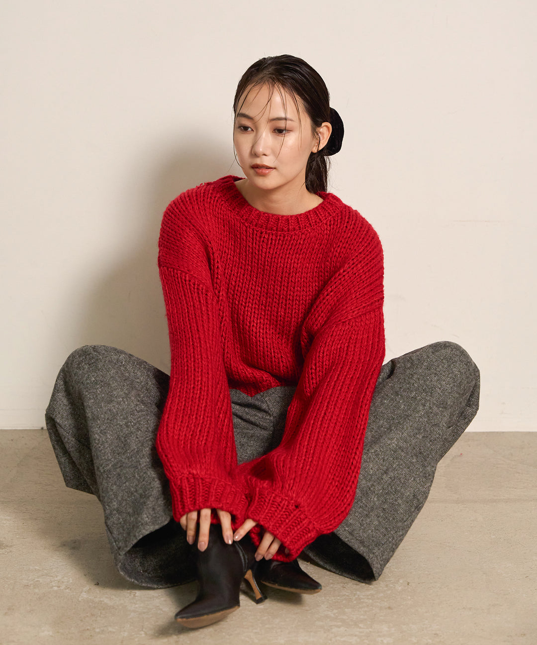 [SET]Plump Volome Knit Top+Tuck Tweed Slacks