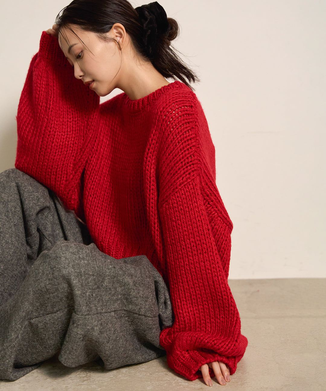 [SET]Plump Volome Knit Top+Tuck Tweed Slacks