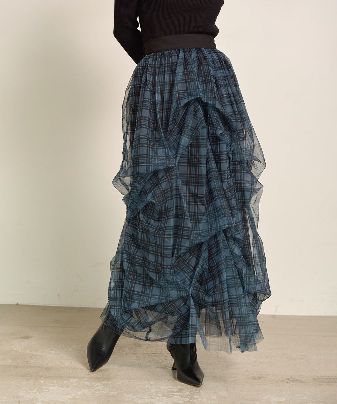 [SET]Texture Combi Polo Knit+Melody Tuck Tulle Skirt