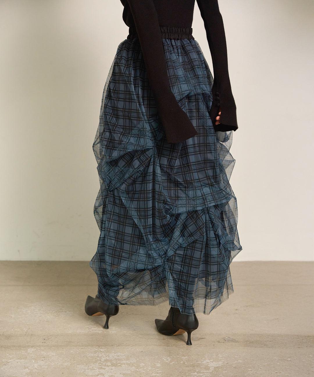 [SET]Texture Combi Polo Knit+Melody Tuck Tulle Skirt