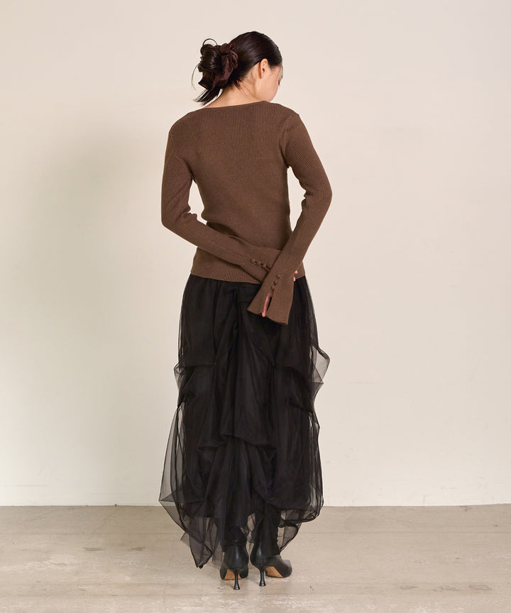 [SET]Smooth Soft Flare Sleeve Top+Melody Tuck Tulle Skirt