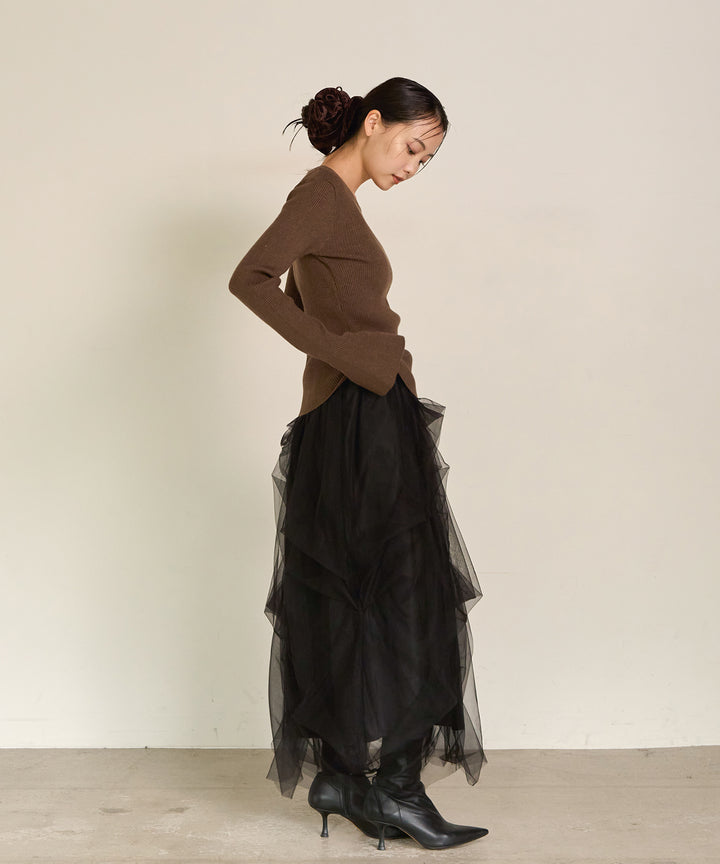 [SET]Smooth Soft Flare Sleeve Top+Melody Tuck Tulle Skirt