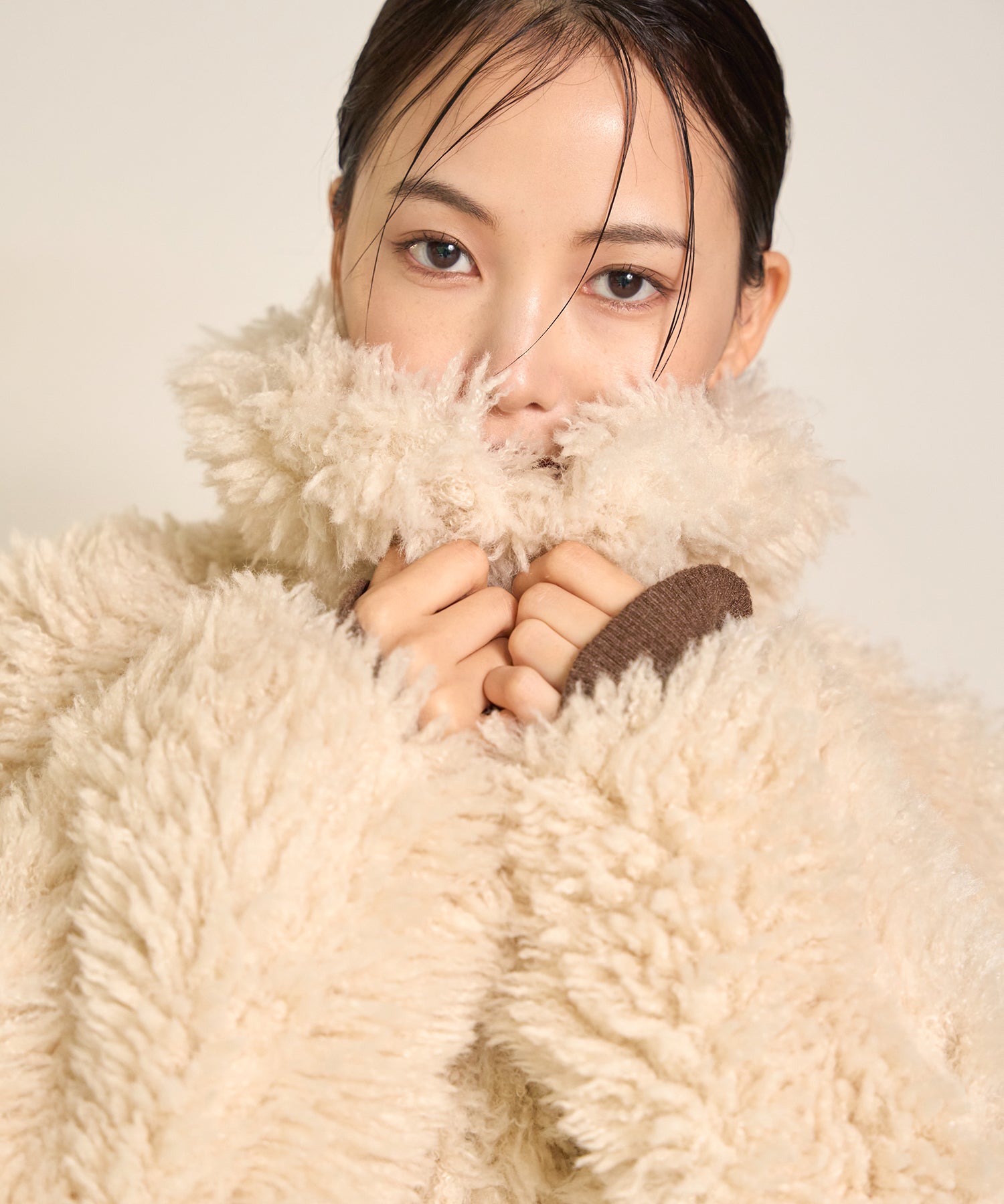 SET]Poodle Fur Short Jacket+Soft Touch Choker Knit Onepiece