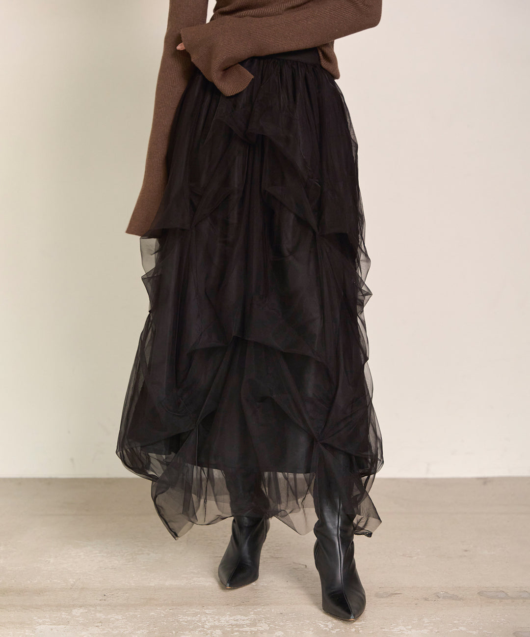 [SET]Texture Combi Polo Knit+Melody Tuck Tulle Skirt